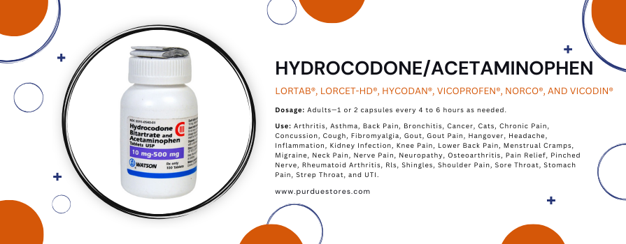 Hydrocodone/acetaminophen: Lortab®, Lorcet-HD®, Hycodan®, Vicoprofen®, Norco®, and Vicodin®